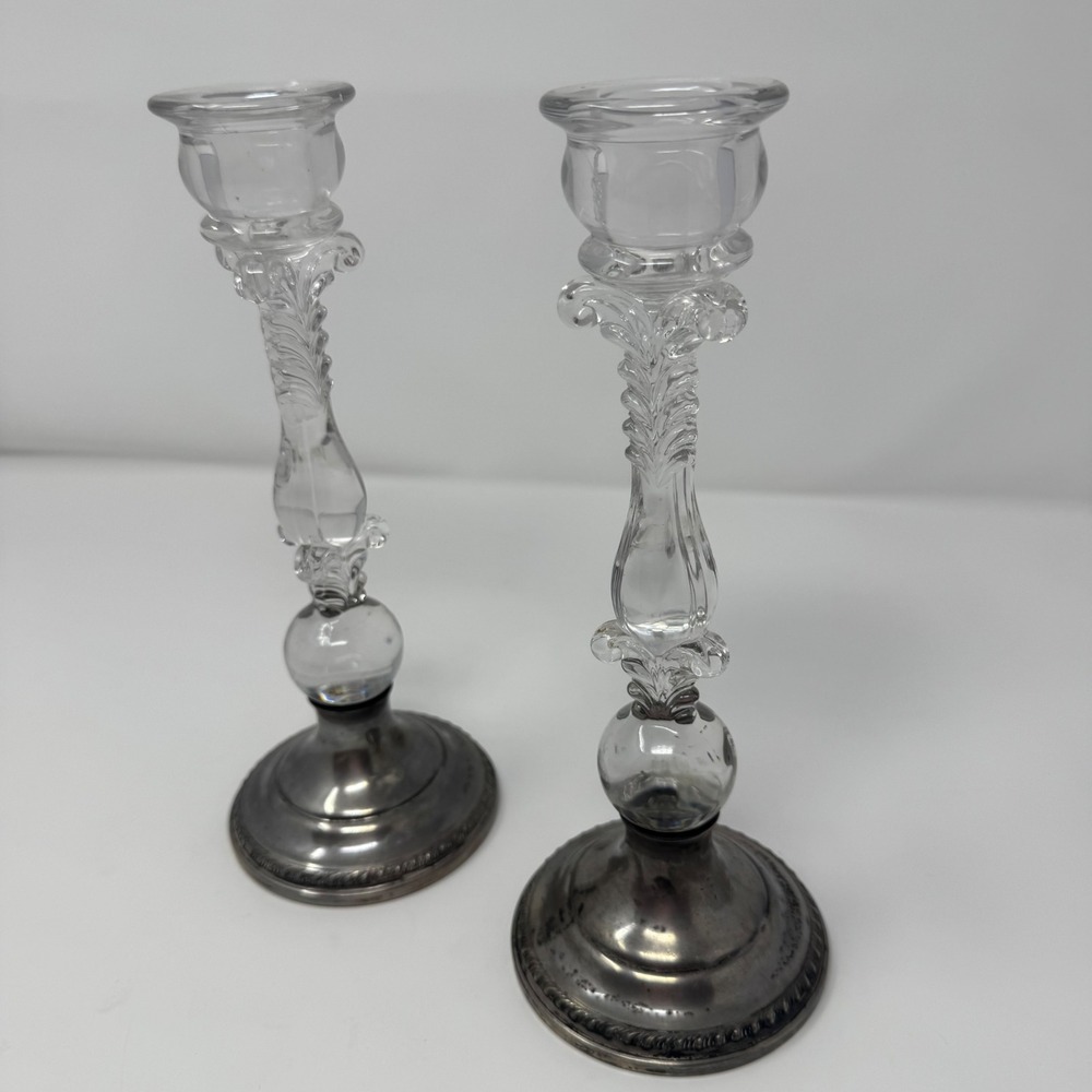 VTG Reed and Barton Weighted Sterling Silver 464‎ Glass Candlestick Holders Pair